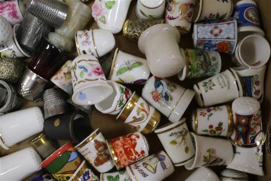 Five thimble display domes and a collection of ceramic, treen and other thimbles,